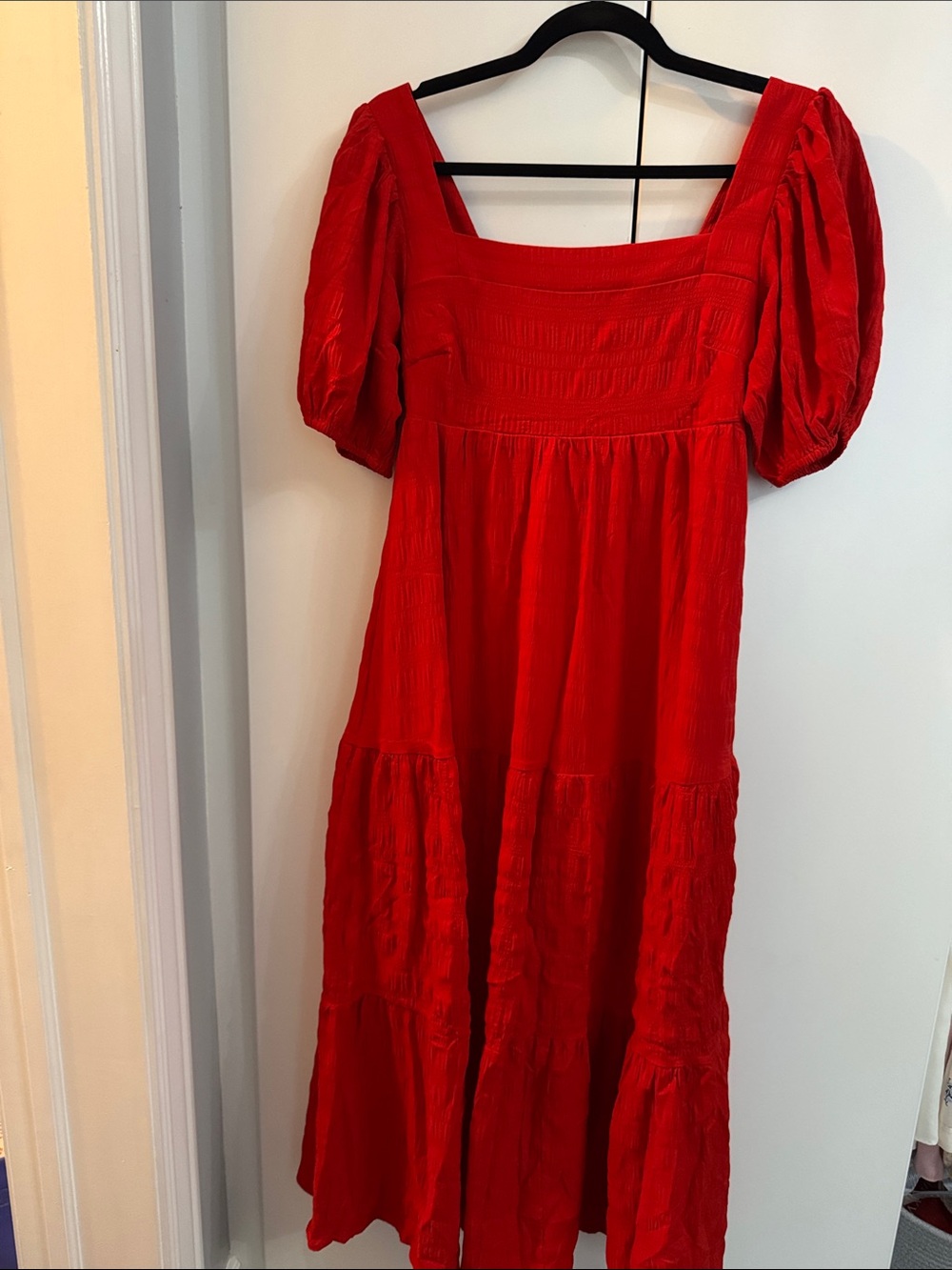 Women's Red Puff-Sleeve Maxi Dress with Square Neckline